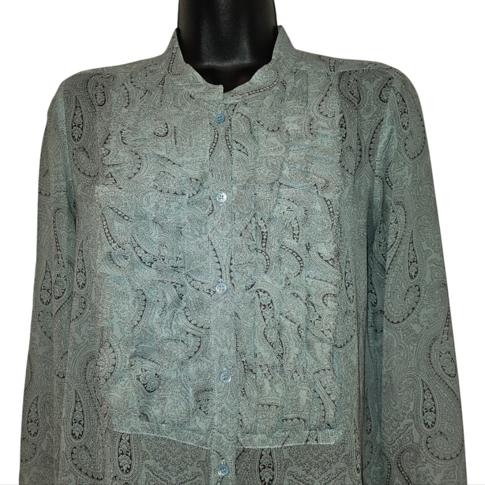 J.CREW Green Paisley 100% Silk Sheer Button Up Blouse Sz 2 Like New Condition - Picture 2 of 7